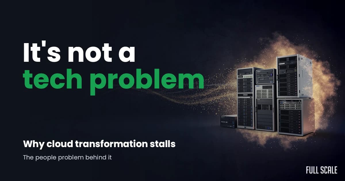 Several computer servers appear with digital dust behind them, alongside text stating cloud transformation stalls due to people, not technical, problems.