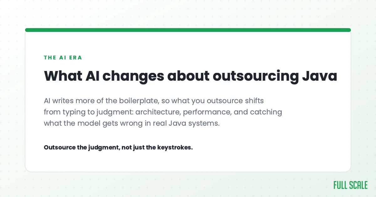 What AI changes about outsourcing Java: AI writes more of the boilerplate, so what you outsource shifts from typing to judgment, architecture, performance, and catching what the model gets wrong in real Java systems. Outsource the judgment, not just the keystrokes.