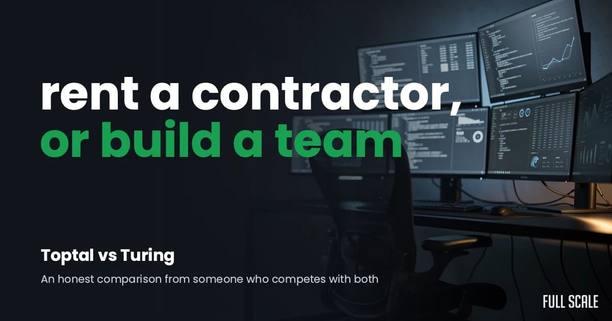 A modern office setup with multiple monitors displaying code and data, accompanied by the text "rent a contractor, or build a team" and comparison details for Toptal vs Turing.