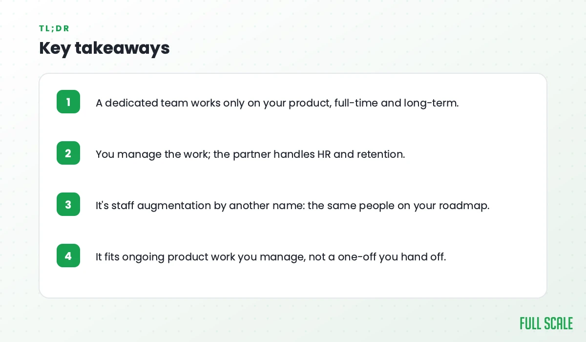 Key takeaways: a dedicated team works only on your product, full-time and long-term; you manage the work while the partner handles HR and retention; it's staff augmentation by another name, the same people on your roadmap; it fits ongoing product work you manage, not a one-off you hand off.