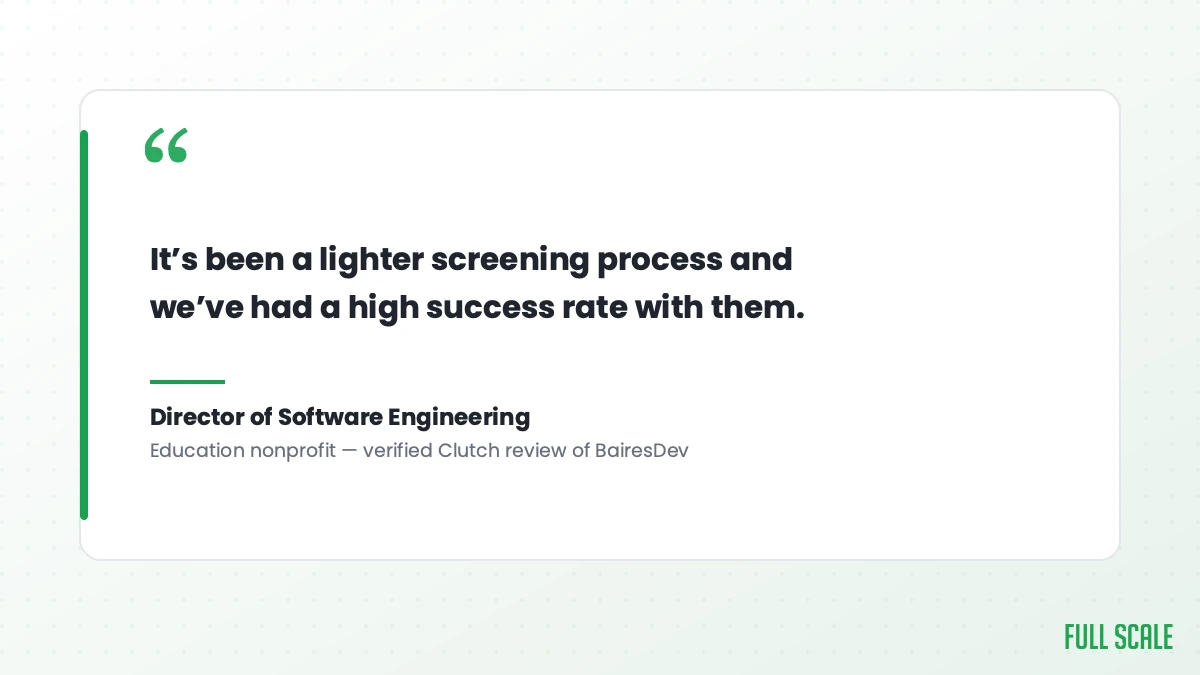 Verified Clutch client review of BairesDev: it's been a lighter screening process and we've had a high success rate with them