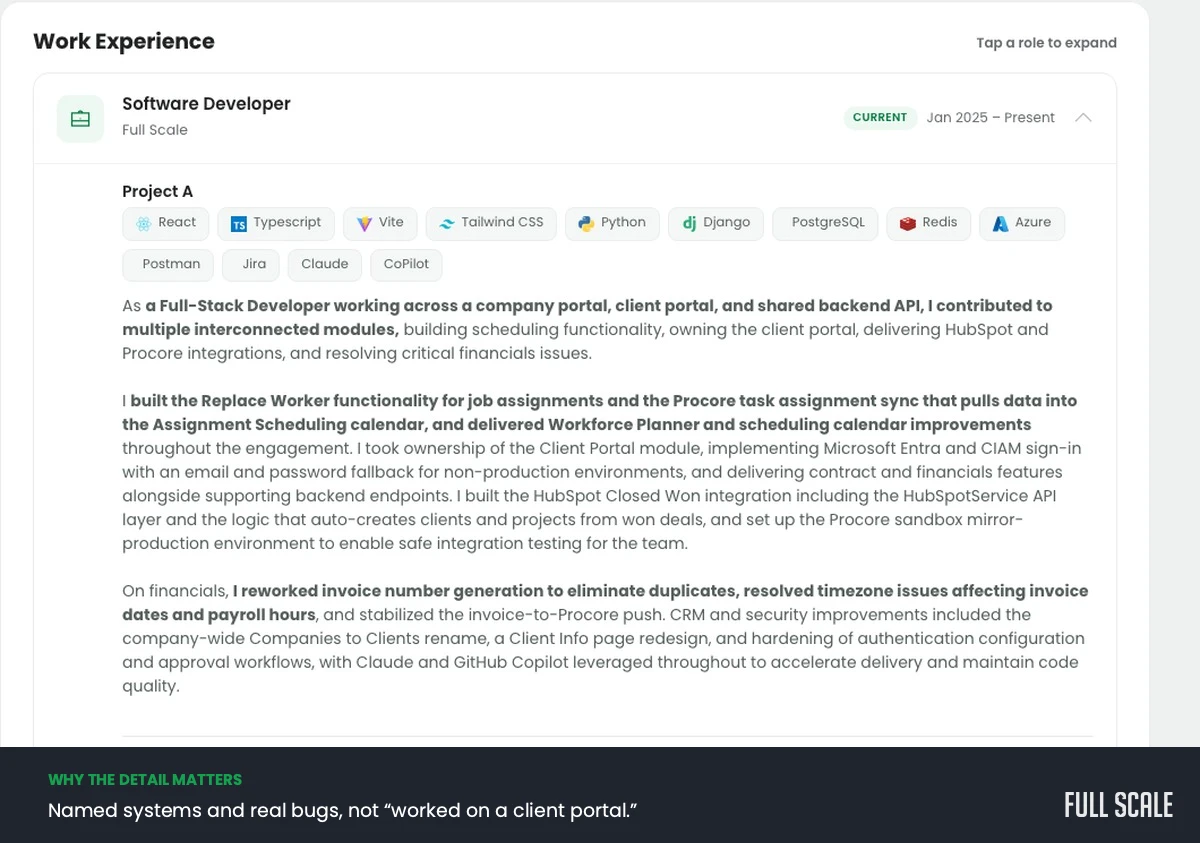 The work experience section of a developer profile, naming specific systems built including a HubSpot integration, invoice number generation, and timezone bugs affecting payroll