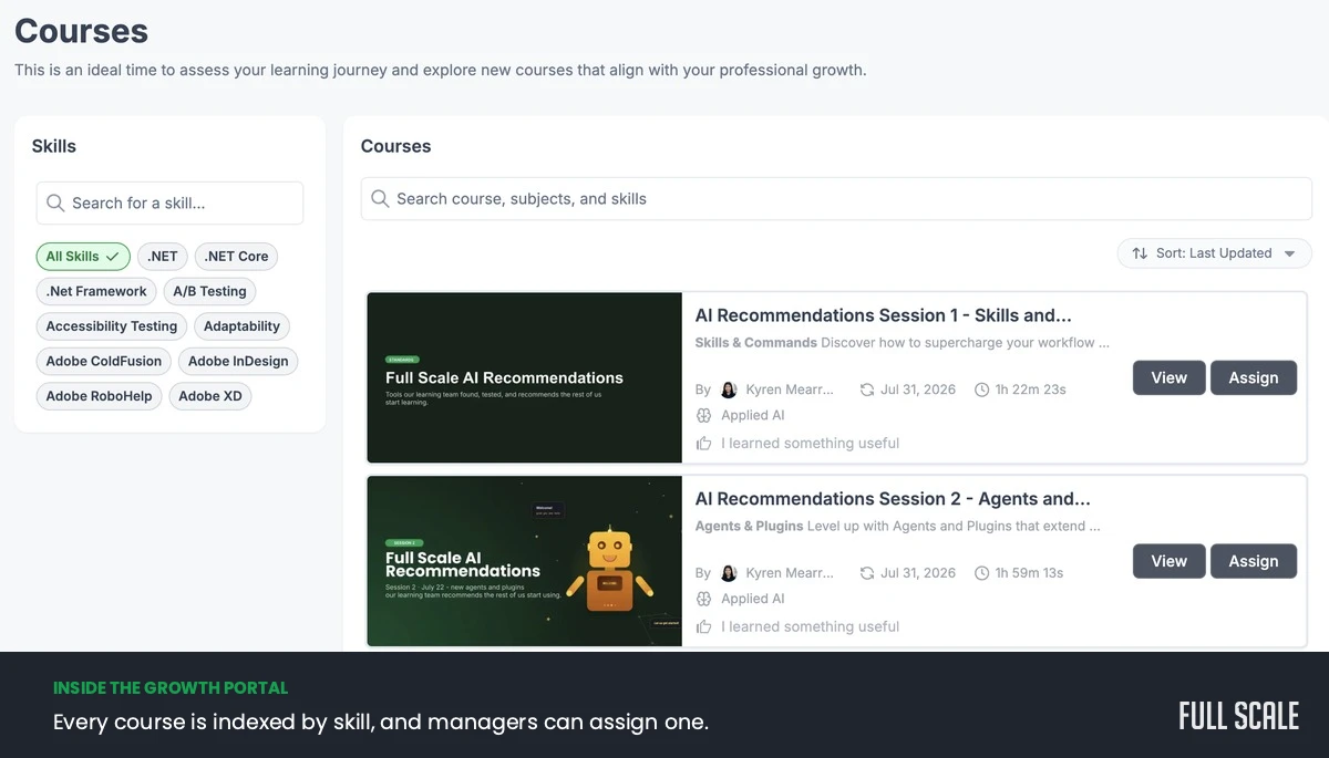 The Growth Portal courses page showing the skills taxonomy and two Full Scale AI Recommendations sessions running 1 hour 22 minutes and 1 hour 59 minutes