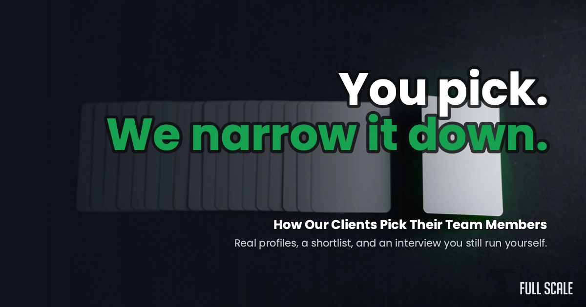 A row of cards is seen, with two cards separated. Large text says, “You pick. We narrow it down.” Subtext explains a client team member selection process.