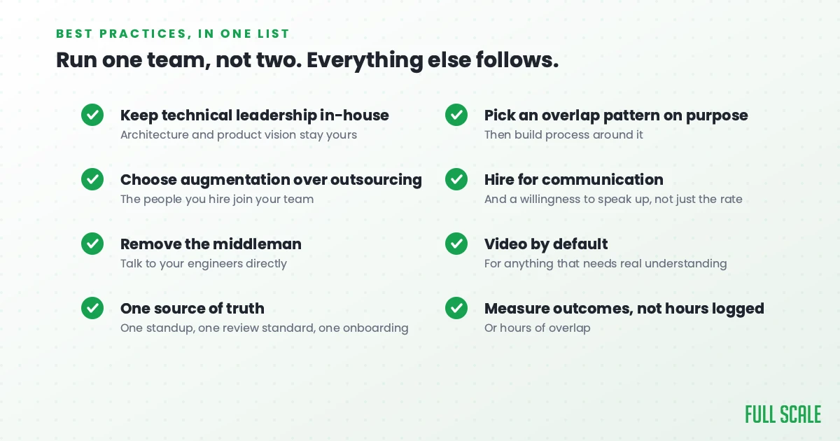 Checklist of eight best practices for managing distributed engineering teams, from keeping technical leadership in-house to measuring outcomes over hours