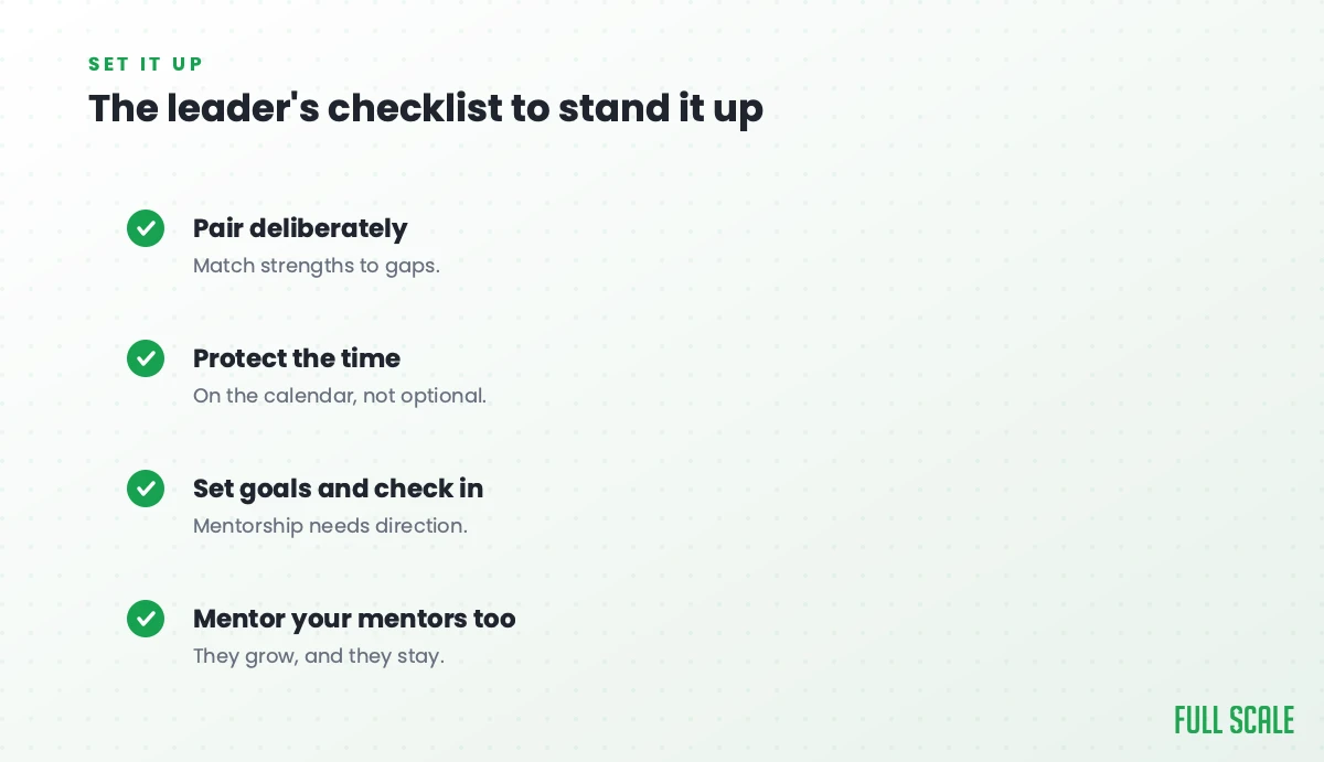 The leader's checklist to stand mentorship up: pair deliberately by matching strengths to gaps, protect the time on the calendar rather than leaving it optional, set goals and check in since mentorship needs direction, and mentor your mentors too, because they grow and they stay.