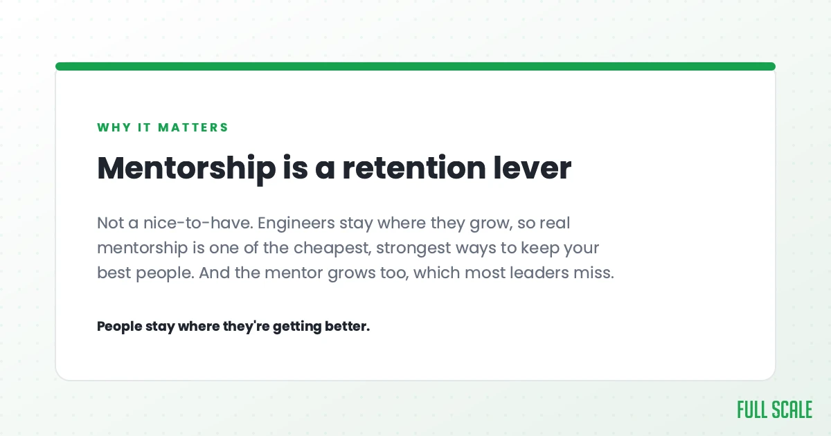 Mentorship is a retention lever, not a nice-to-have: engineers stay where they grow, so real mentorship is one of the cheapest, strongest ways to keep your best people. And the mentor grows too, which most leaders miss. People stay where they're getting better.