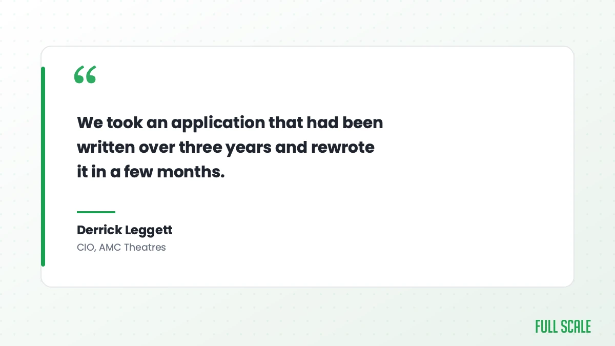 Derrick Leggett, CIO of AMC Theatres, on the Flutter rewrite: We took an application that had been written over three years and rewrote it in a few months.
