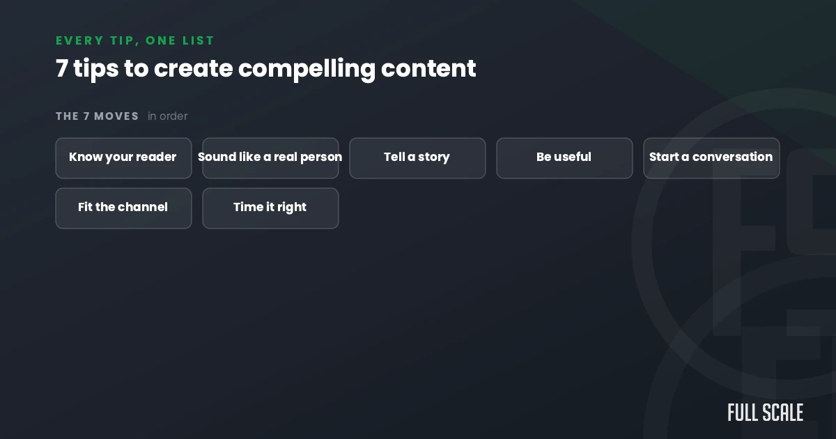 The 7 tips to create compelling content, listed: know your reader, sound like a real person, tell a story, be useful, start a conversation, fit the channel, time it right.