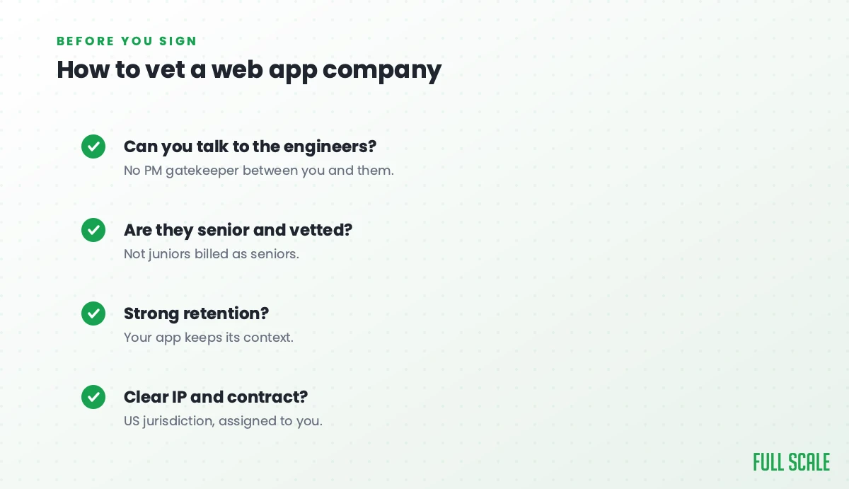 How to vet a custom web application development company: can you talk to the engineers, are they senior and vetted, do they have strong retention, and is the IP and contract clear under US jurisdiction.