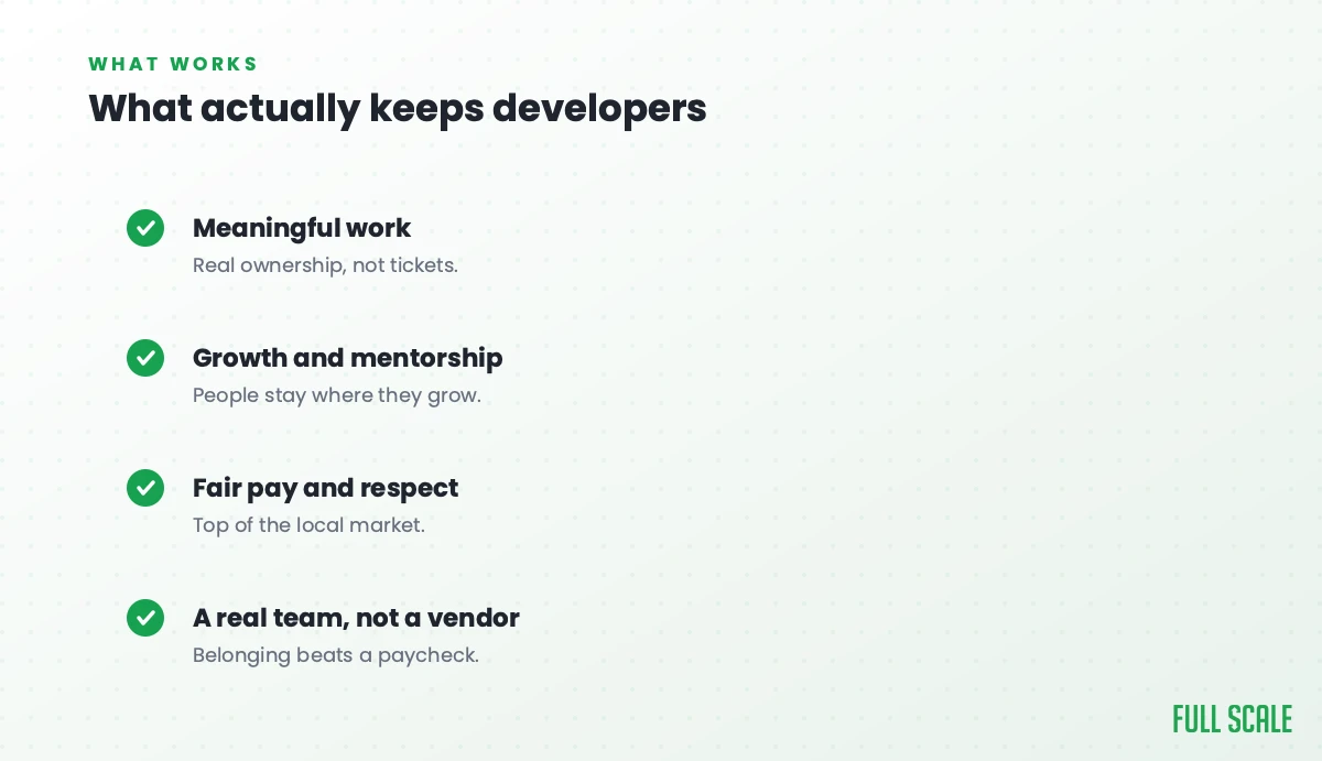 What actually keeps developers: meaningful work with real ownership, not tickets; growth and mentorship, since people stay where they grow; fair pay and respect, at the top of the local market; and a real team, not a vendor, because belonging beats a paycheck.