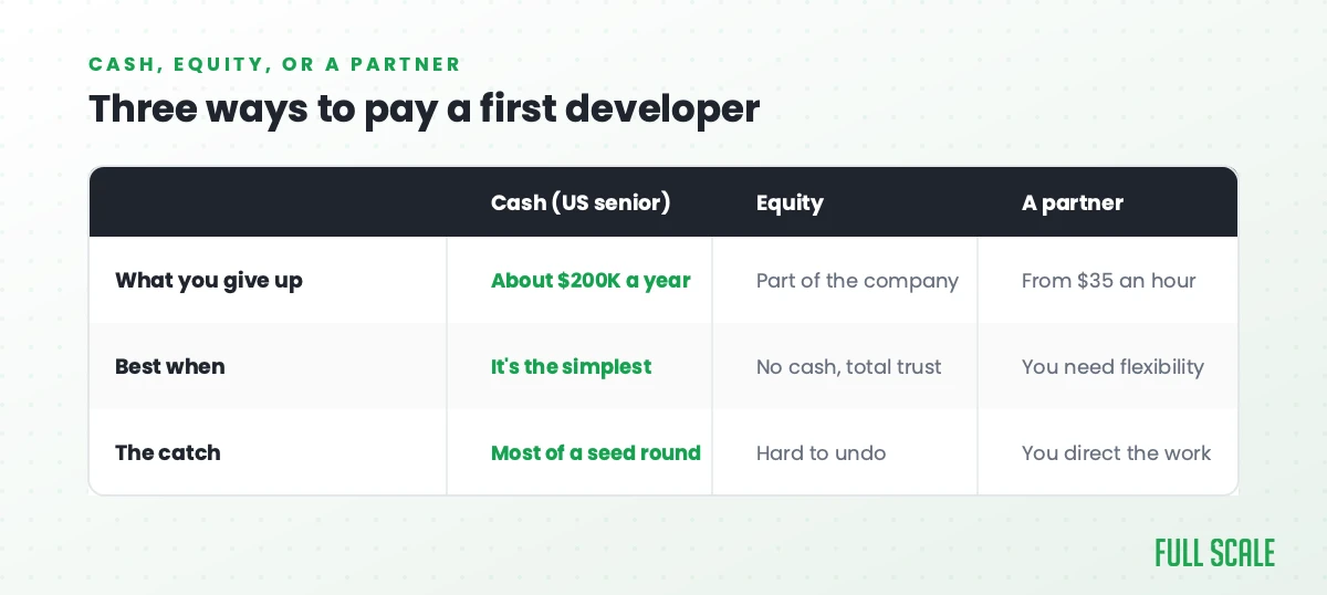 Three ways to pay a first developer compared: cash about $200K a year for a US senior hire, equity costs part of the company, a partner from $35 an hour