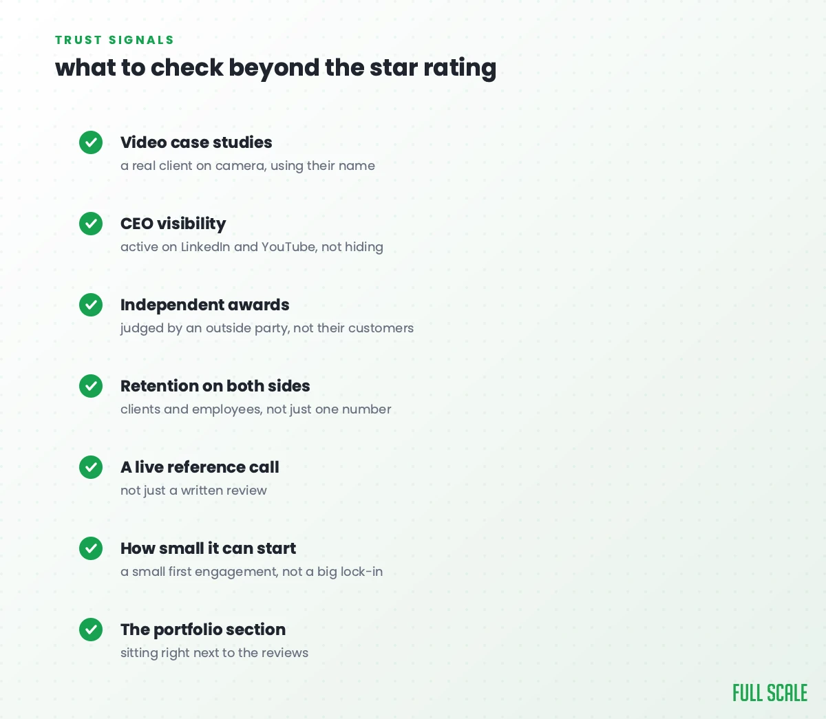 Checklist of seven trust signals beyond the star rating: video case studies, CEO visibility, independent awards, retention on both sides, a live reference call, how small it can start, and the portfolio section