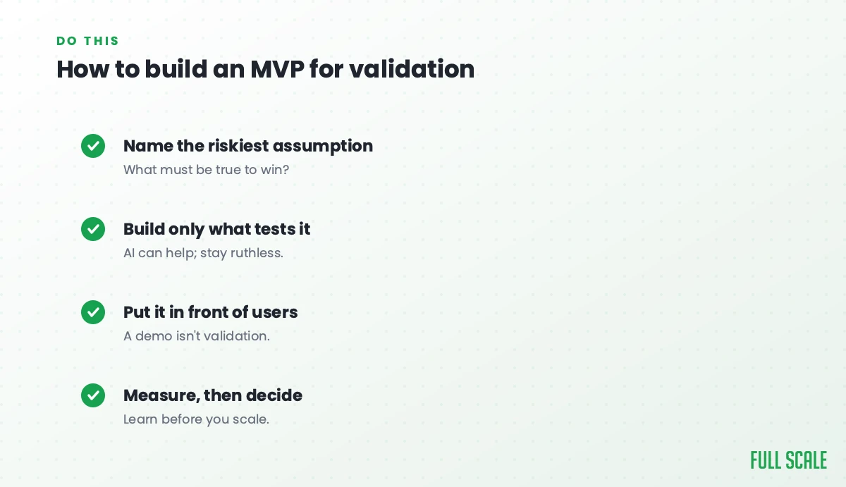 How to build an MVP for validation: name the riskiest assumption (what must be true to win), build only what tests it (AI can help, but stay ruthless), put it in front of users (a demo isn't validation), and measure then decide (learn before you scale).