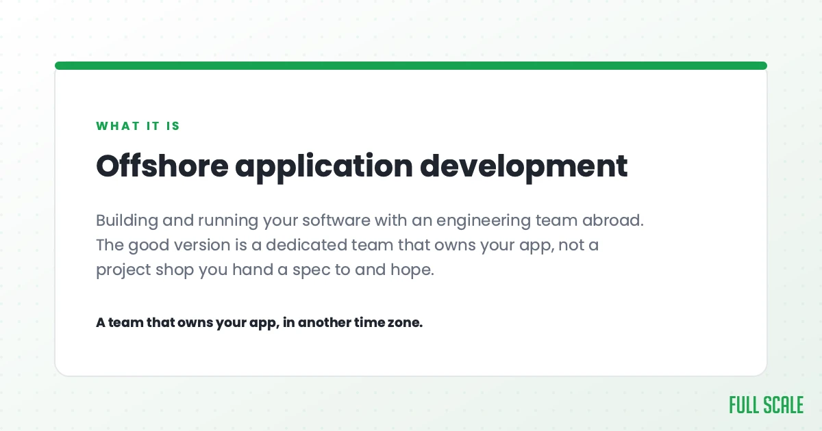 Offshore app development means building and running your software with an engineering team abroad. The good version is a dedicated team that owns your app, not a project shop you hand a spec to and hope. A team that owns your app, in another time zone.