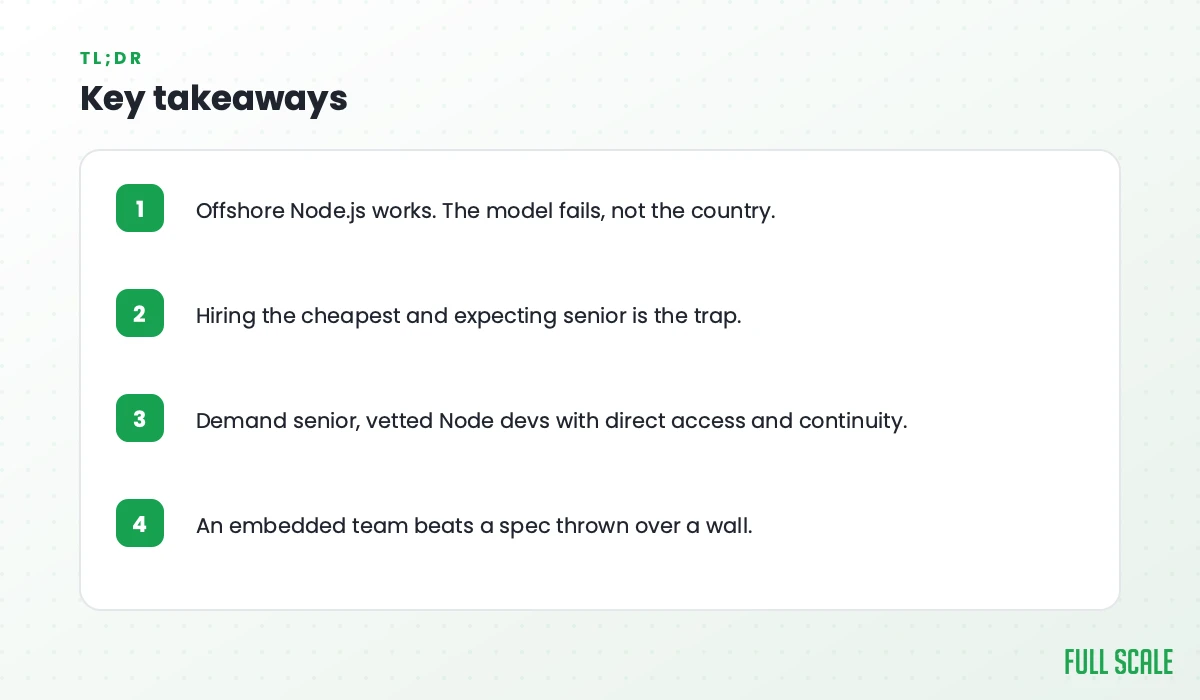 Key takeaways: offshore Node.js works but the model fails, not the country; hiring the cheapest and expecting senior is the trap; demand senior, vetted Node developers with direct access and continuity; an embedded team beats a spec thrown over a wall.