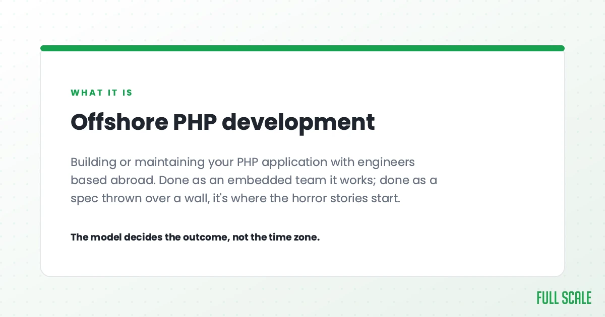 Offshore PHP development means building or maintaining your PHP application with engineers based abroad. Done as an embedded team it works; done as a spec thrown over a wall, it's where the horror stories start. The model decides the outcome, not the time zone.