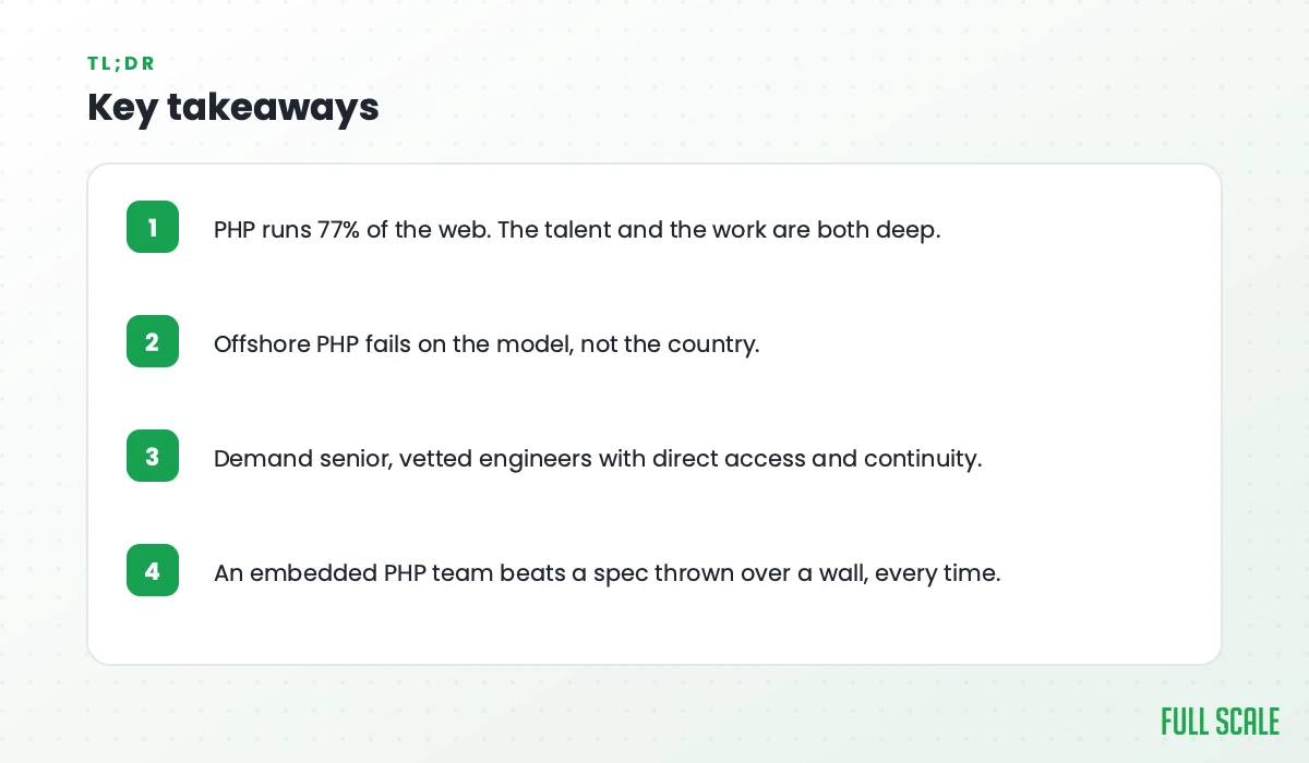 Key takeaways: PHP runs 77% of the web so the talent and work are both deep; offshore PHP fails on the model, not the country; demand senior, vetted engineers with direct access and continuity; an embedded PHP team beats a spec thrown over a wall.