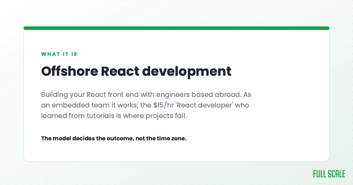 Offshore React development means building your React front end with engineers based abroad. As an embedded team it works; the $15/hr 'React developer' who learned from tutorials is where projects fail.