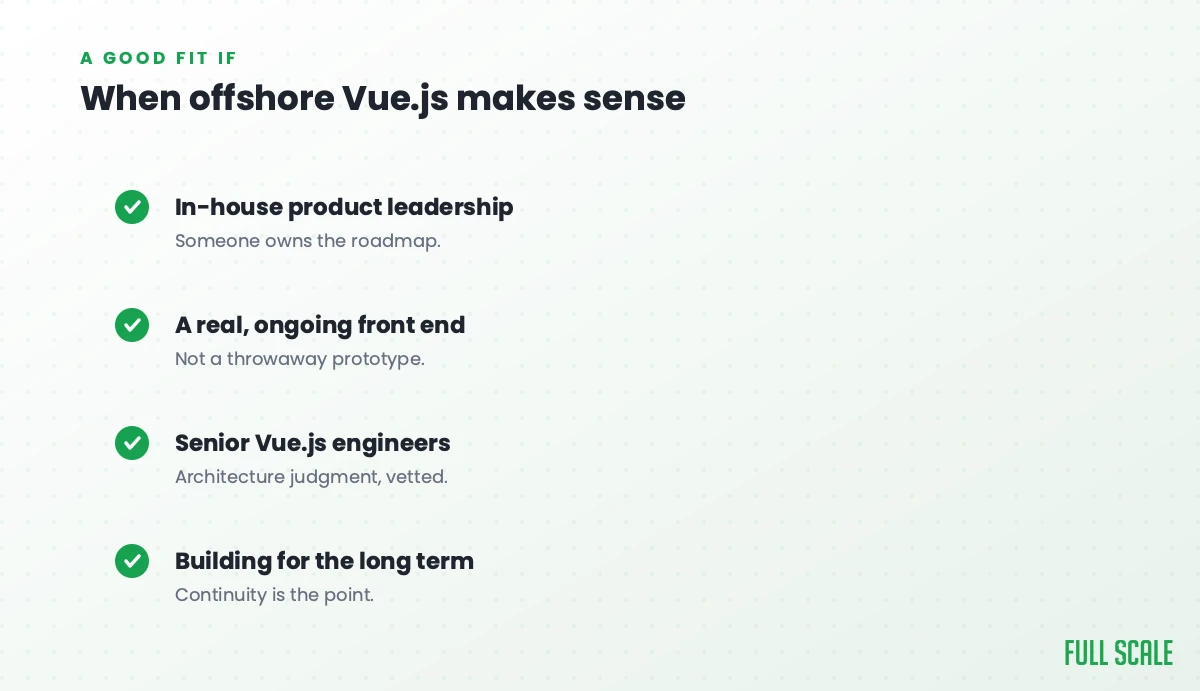 When offshore Vue.js makes sense: you have in-house product leadership, it's a real ongoing front end rather than a throwaway prototype, you want senior Vue.js engineers with architecture judgment, and you're building for the long term.
