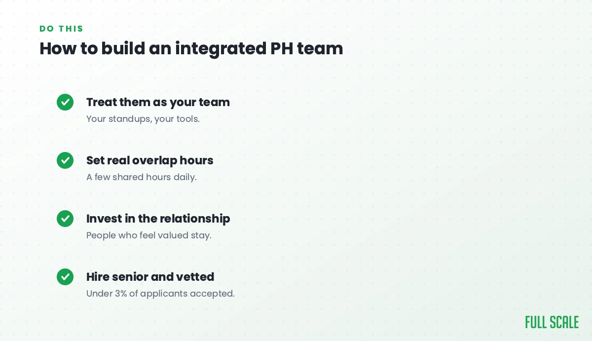 How to build an integrated Philippines team: treat them as your team with your standups and tools, set real overlap hours for a few shared hours daily, invest in the relationship since people who feel valued stay, and hire senior and vetted with under 3% of applicants accepted.