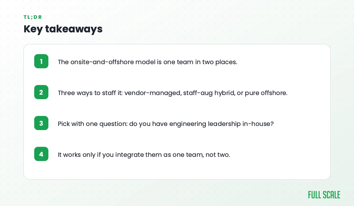 Key takeaways: the onsite-and-offshore model is one team in two places; three ways to staff it are onsite-led, balanced, or offshore-led; pick by how much of the work truly needs to be local; it works only if you integrate them as one team, not two.