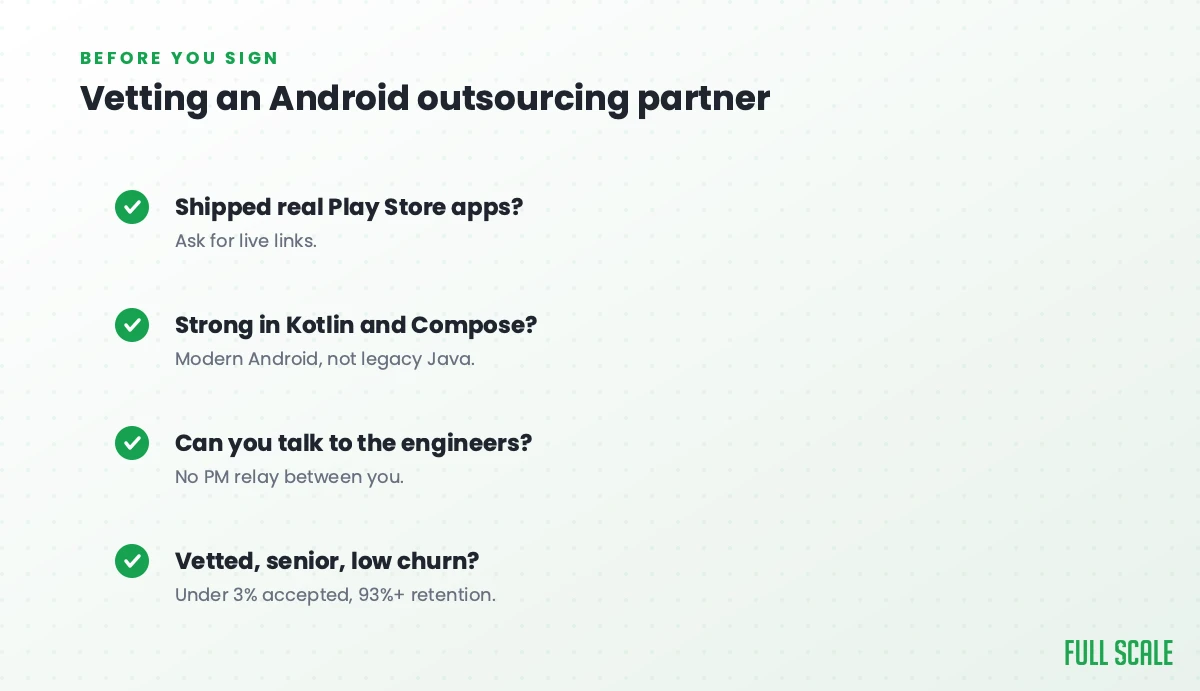 Vetting an Android outsourcing partner: have they shipped real Play Store apps (ask for live links), are they strong in Kotlin and Compose rather than legacy Java, can you talk to the engineers with no PM relay, and are they vetted, senior, and low-churn with under 3% accepted and 93%+ retention.