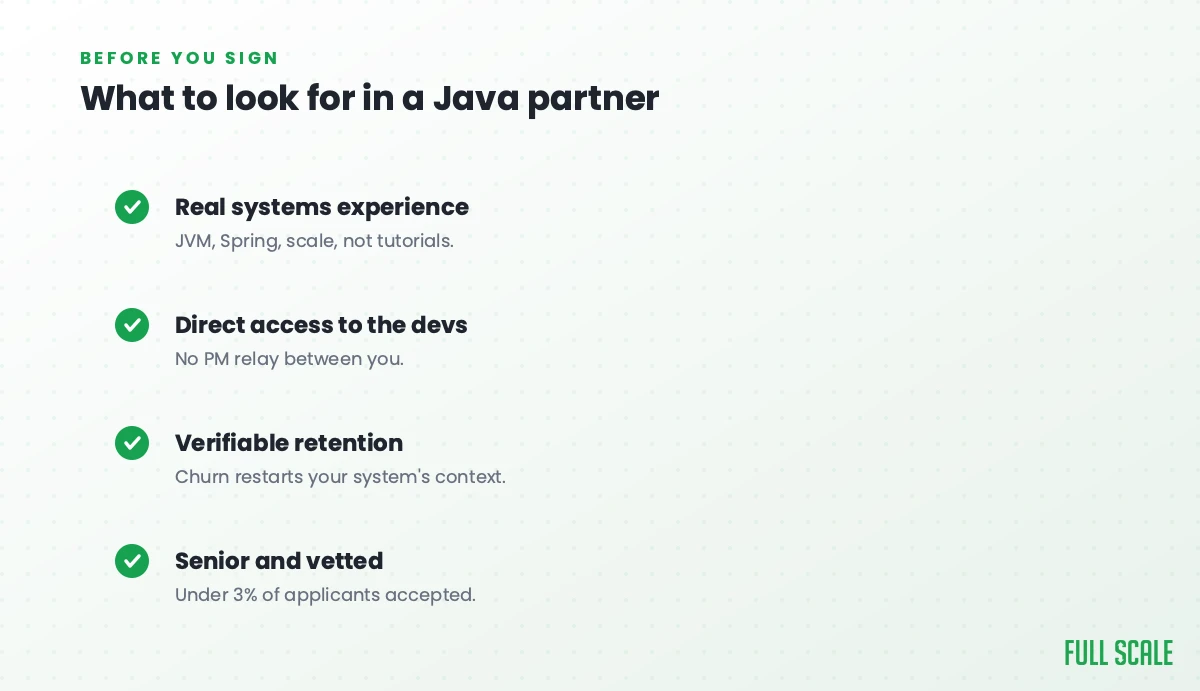 What to look for in a Java outsourcing partner: real systems experience in the JVM, Spring, and scale, not tutorials; direct access to the devs with no PM relay; verifiable retention, since churn restarts your system's context; and senior, vetted engineers with under 3% of applicants accepted.