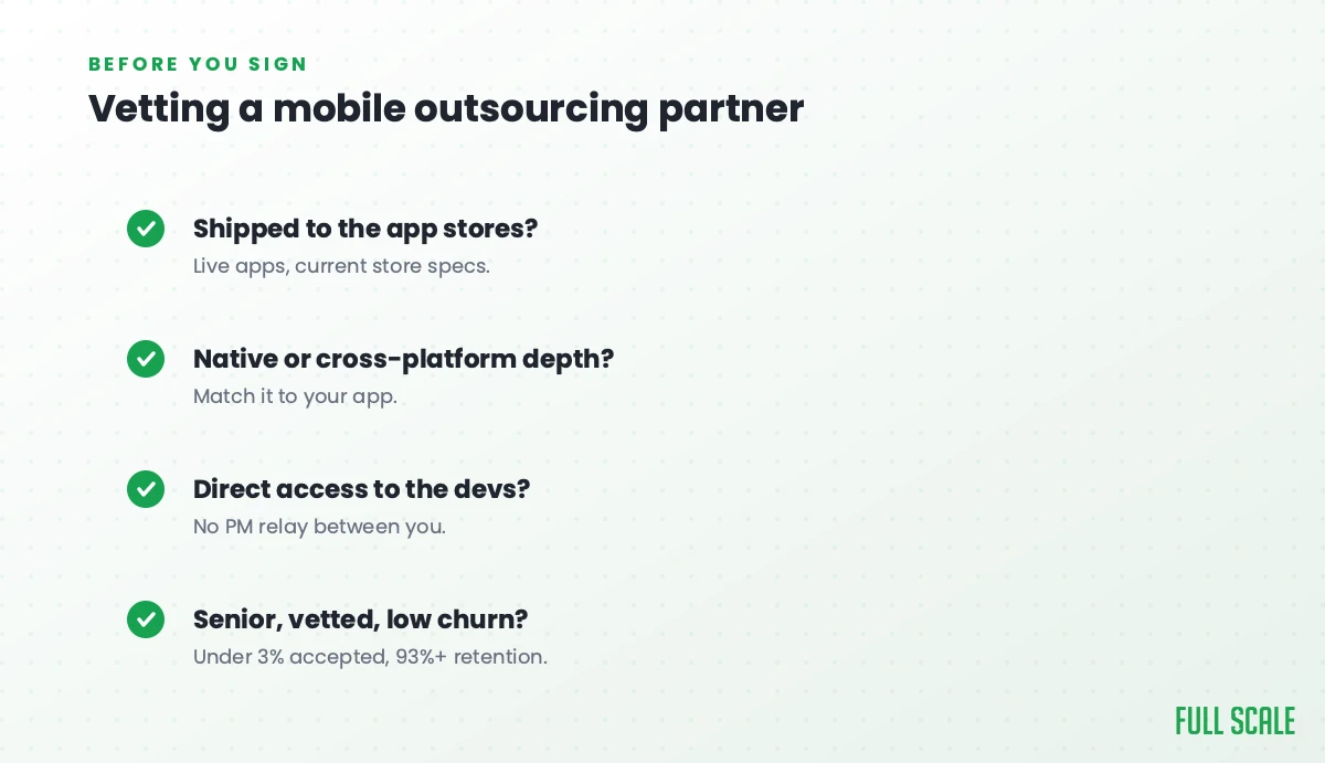 Vetting a mobile outsourcing partner: have they shipped to the app stores with live apps on current store specs, do they have native or cross-platform depth to match your app, is there direct access to the devs with no PM relay, and are they senior, vetted, and low-churn with under 3% accepted and 93%+ retention.