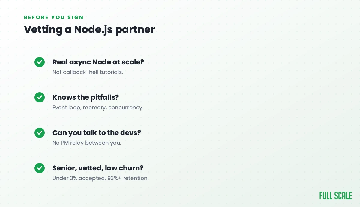 Vetting a Node.js partner: do they write real async Node at scale rather than callback-hell tutorials, do they know the pitfalls of the event loop, memory, and concurrency, can you talk to the devs with no PM relay, and are they senior, vetted, and low-churn with under 3% accepted and 93%+ retention.