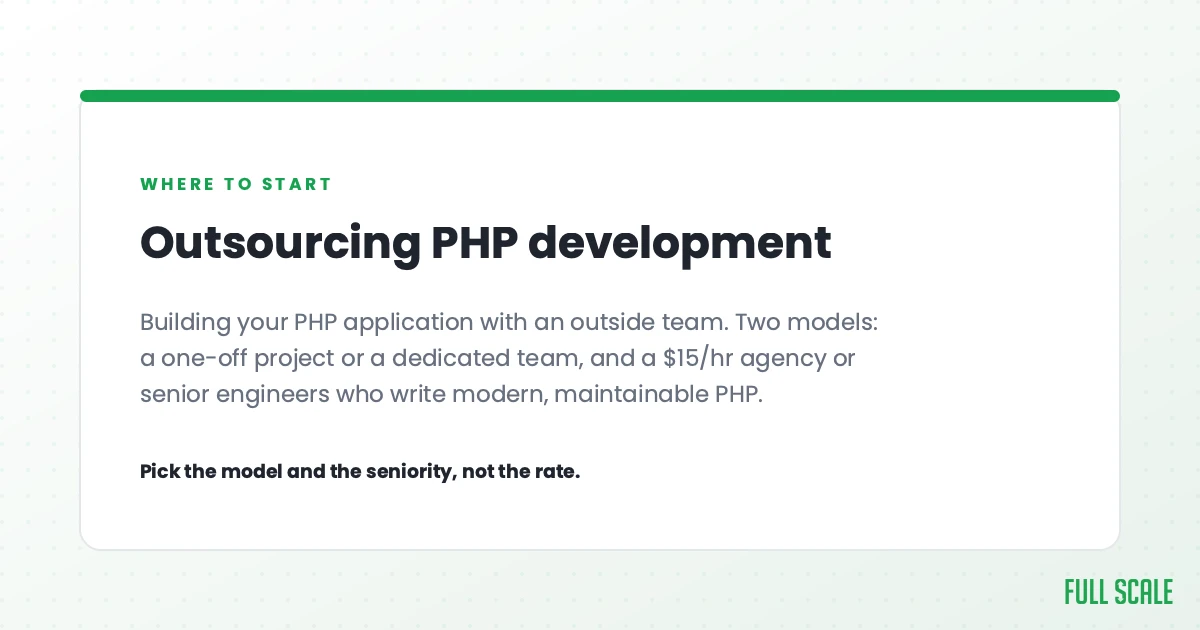 Outsourcing PHP development means building your PHP application with an outside team. Two models: a one-off project or a dedicated team, and a $15/hr agency or senior engineers who write modern, maintainable PHP. Pick the model and the seniority, not the rate.