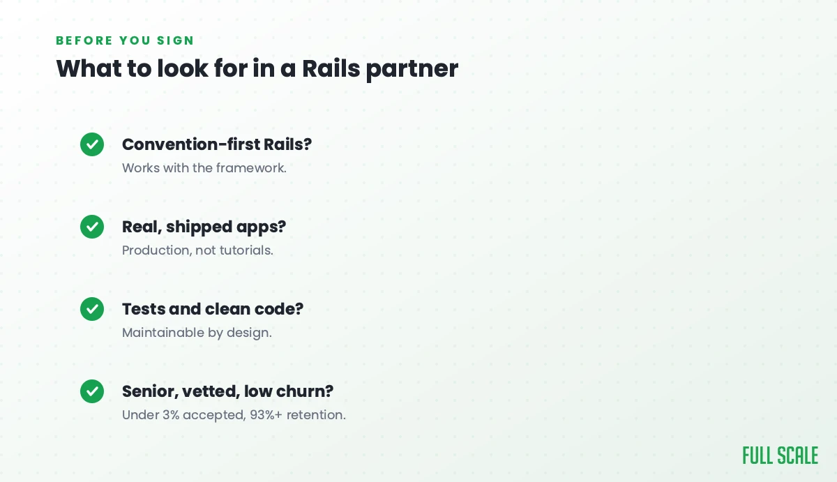 What to look for in a Rails outsourcing partner: convention-first Rails that works with the framework, real shipped apps in production rather than tutorials, tests and clean code that's maintainable by design, and senior, vetted, low-churn engineers with under 3% accepted and 93%+ retention.