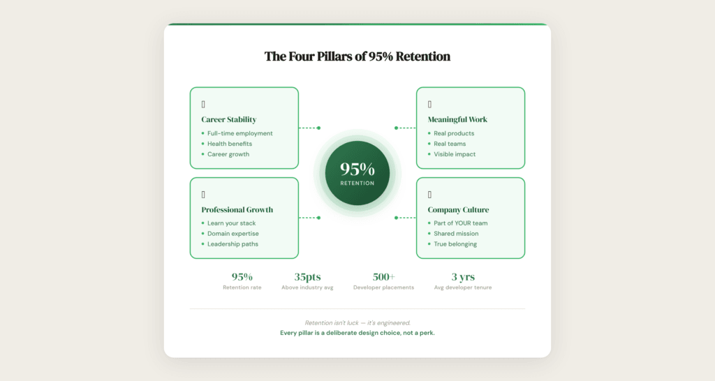 Infographic titled "The Four Pillars of 93%+ Retention" with pillars: Career Stability, Meaningful Work, Professional Growth, Company Culture—plus a comparison of offshoring vs. outsourcing pros and cons and retention statistics at the bottom.