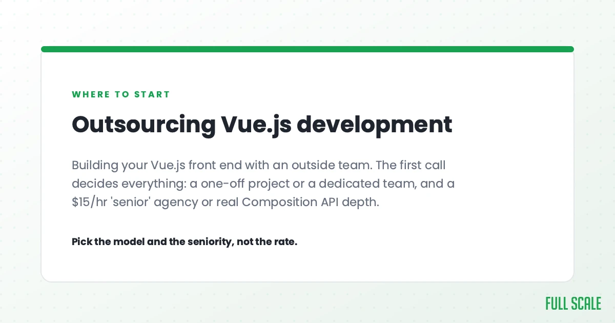 Outsourcing Vue.js development means building your Vue.js front end with an outside team. The first call decides everything: a one-off project or a dedicated team, and a $15/hr 'senior' agency or real Composition API depth. Pick the model and the seniority, not the rate.