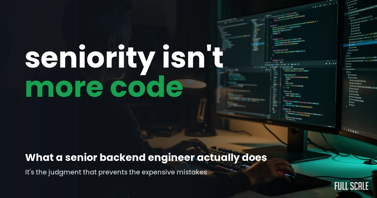 Hero graphic reading seniority isn't more code: what a senior backend engineer actually does