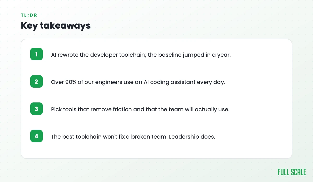 Key takeaways: AI rewrote the developer toolchain and the baseline jumped in a year; over 90% of our engineers use an AI coding assistant every day; pick tools that remove friction and that the team will actually use; the best toolchain won't fix a broken team, leadership does.