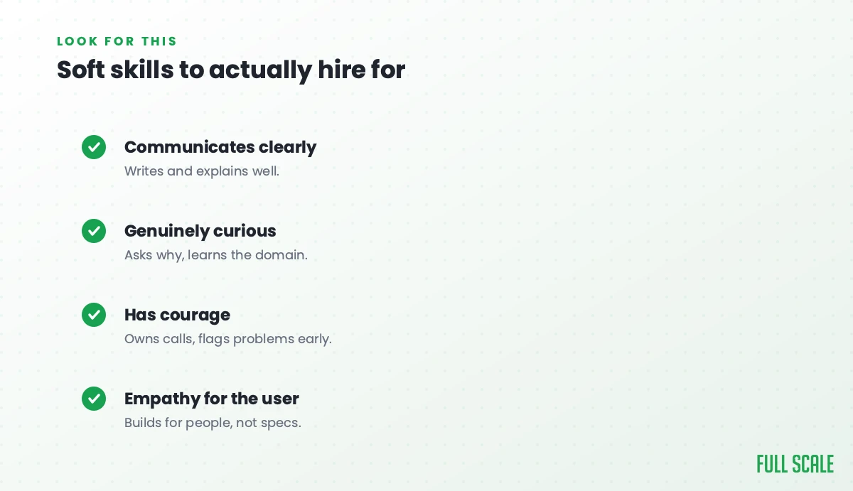 Soft skills to actually hire for: communicates clearly and writes and explains well, genuinely curious and asks why while learning the domain, has the courage to own calls and flag problems early, and has empathy for the user, building for people, not specs.