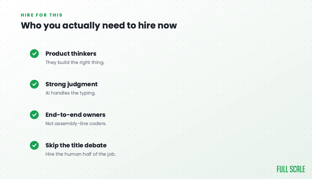 Who you actually need to hire now: product thinkers who build the right thing, strong judgment since AI handles the typing, end-to-end owners rather than assembly-line coders, and skip the title debate to hire the human half of the job.