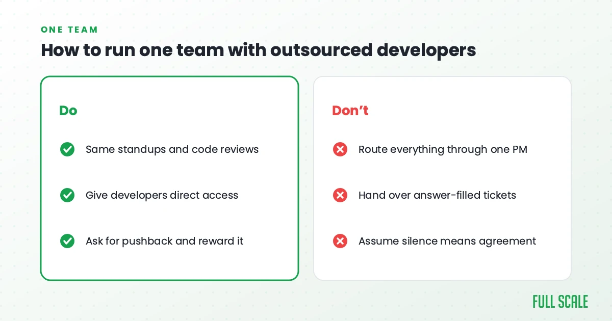 Do and don't list for running one team with outsourced developers: do share standups and code reviews, give direct access, and reward pushback; don't route everything through one PM, hand over answer-filled tickets, or assume silence means agreement