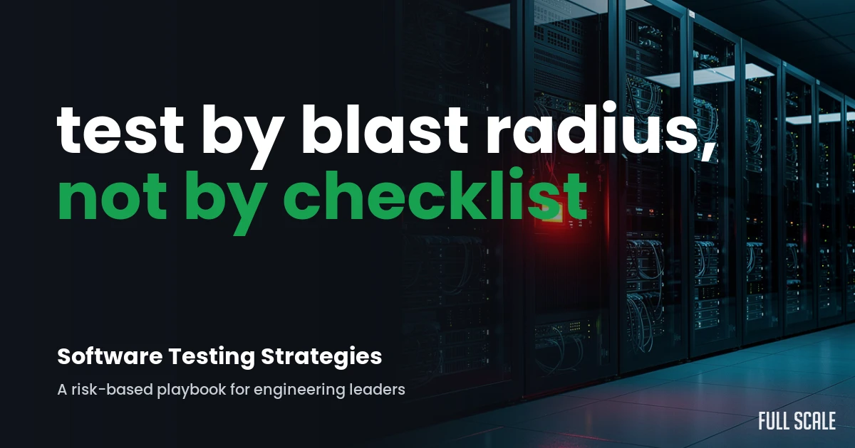 A server room with illuminated racks and the text “test by blast radius, not by checklist. Software Testing Strategies. A risk-based playbook for engineering leaders.”.