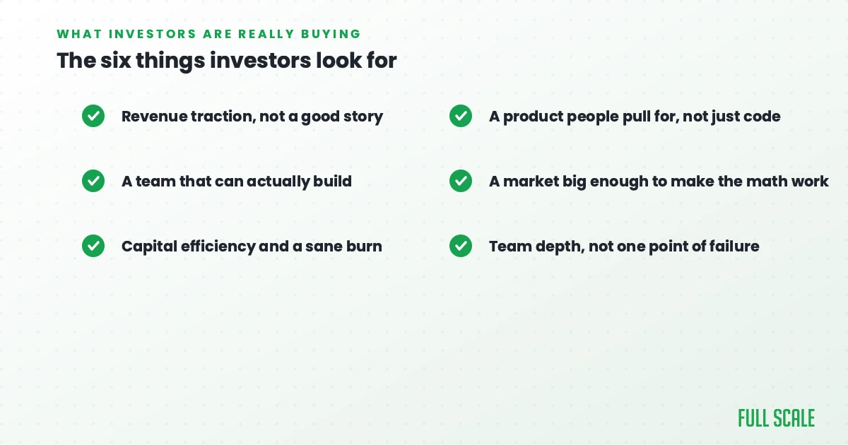 What investors are really buying: the six things investors look for in a startup, from revenue traction to team depth, Full Scale