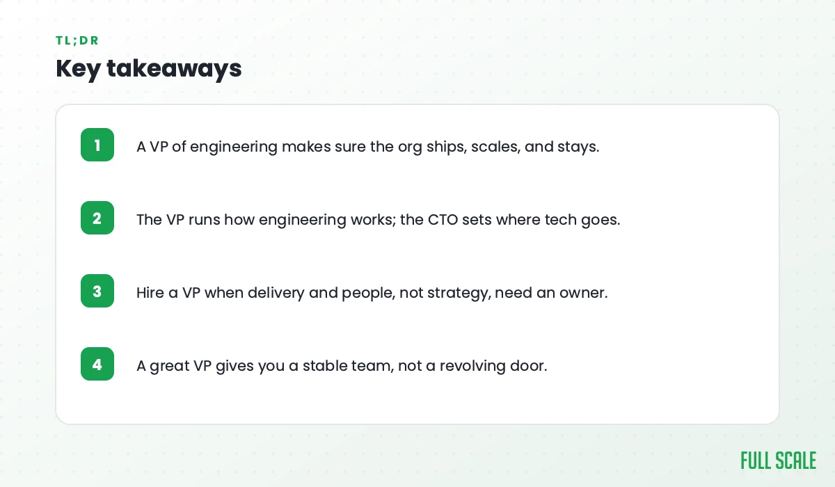 Key takeaways: a VP of engineering makes sure the org ships, scales, and stays; the VP runs how engineering works while the CTO sets where tech goes; hire a VP when delivery and people need an owner; a great VP gives you a stable team.