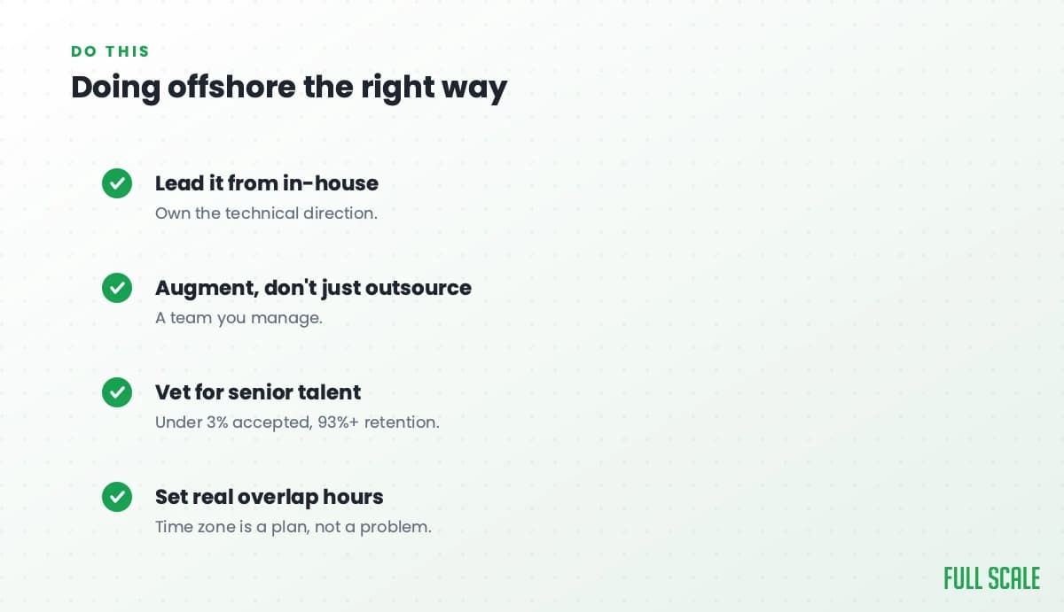Doing offshore the right way: lead it from in-house and own the technical direction, augment rather than just outsource so it's a team you manage, vet for senior talent with under 3% accepted and 93%+ retention, and set real overlap hours since time zone is a plan, not a problem.