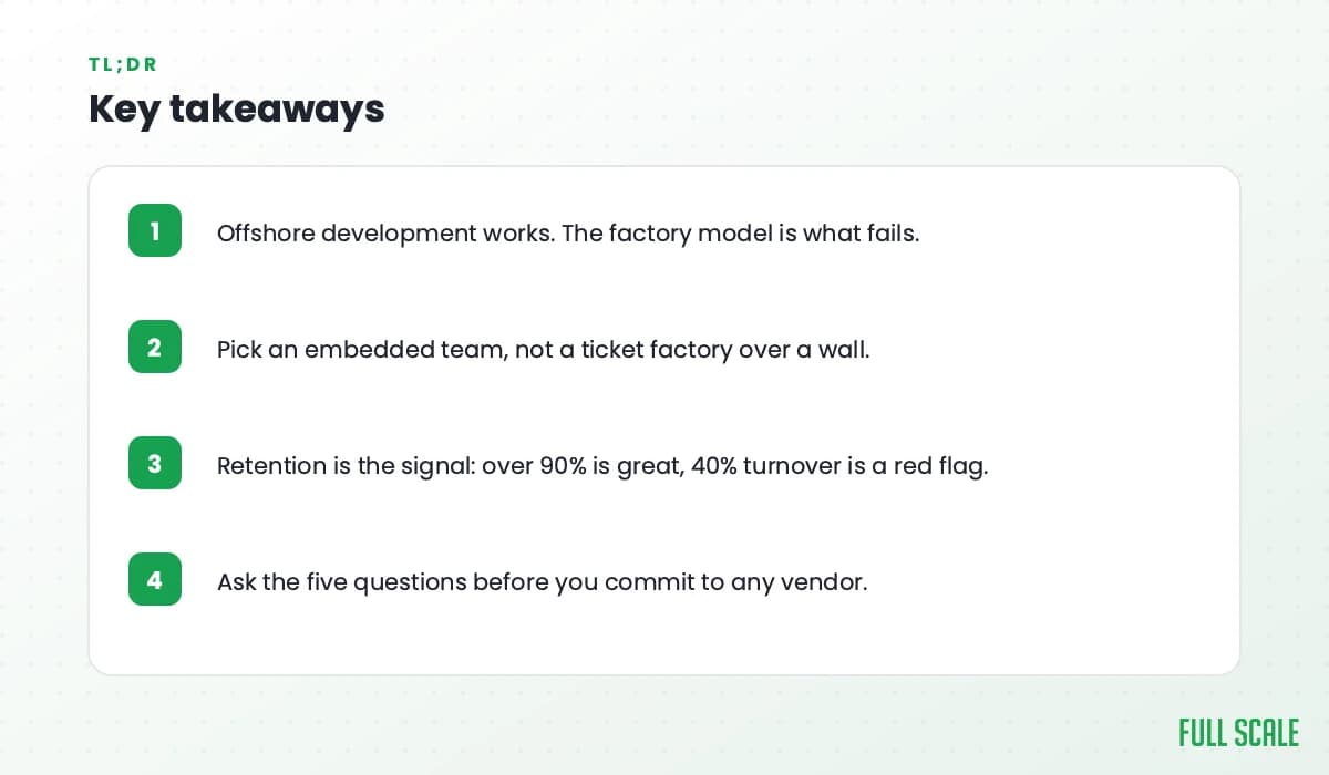Key takeaways: offshore development works but the factory model fails; pick an embedded team, not a ticket factory over a wall; retention is the signal, with over 90% great and 40% turnover a red flag; ask the five questions before you commit.