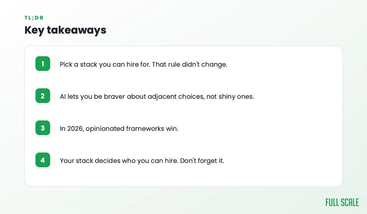 Key takeaways: pick a stack you can hire for because that rule didn't change; AI lets you be braver about adjacent choices, not shiny ones; in 2026 opinionated frameworks win; your stack decides who you can hire.