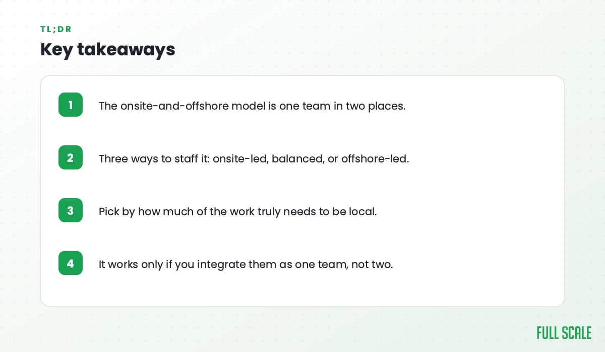 Key takeaways: the onsite-and-offshore model is one team in two places; three ways to staff it are onsite-led, balanced, or offshore-led; pick by how much of the work truly needs to be local; it works only if you integrate them as one team, not two.