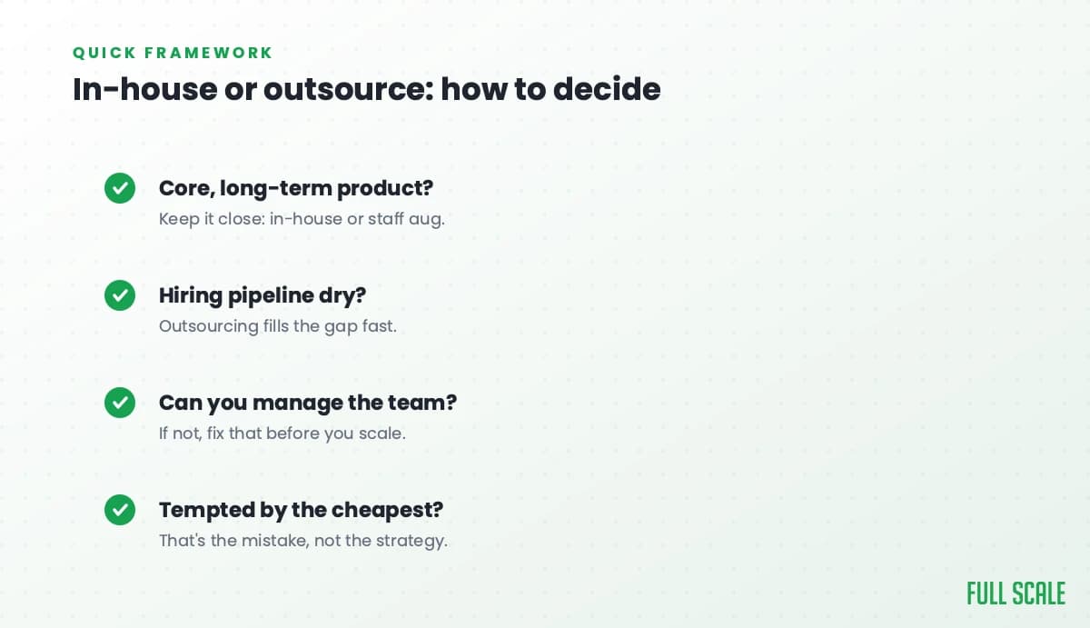 In-house or outsource, how to decide: if it's your core long-term product, keep it close with in-house or staff aug; if your hiring pipeline is dry, outsourcing fills the gap fast; ask whether you can manage the team, and if not fix that before you scale; and if you're tempted by the cheapest, that's the mistake, not the strategy.
