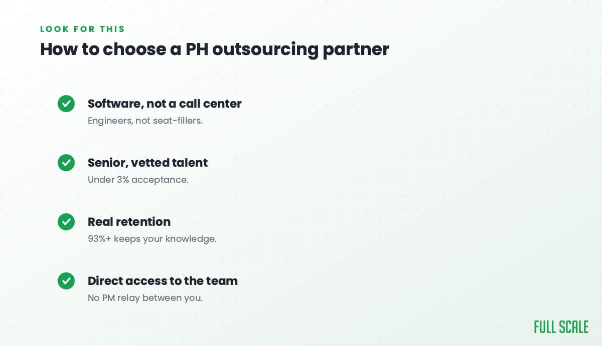 How to choose a Philippine outsourcing partner: software, not a call center, so engineers and not seat-fillers; senior, vetted talent with under 3% acceptance; real retention, since 93%+ keeps your knowledge; and direct access to the team with no PM relay.