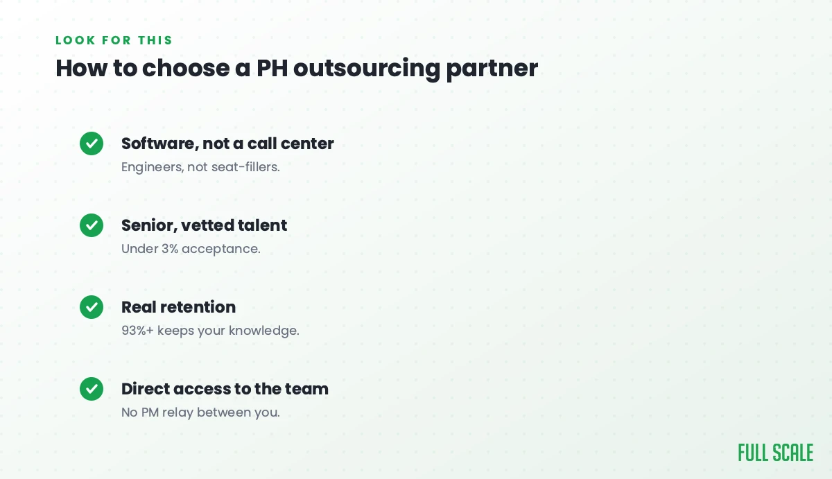 How to choose a Philippine outsourcing partner: software, not a call center, so engineers and not seat-fillers; senior, vetted talent with under 3% acceptance; real retention, since 93%+ keeps your knowledge; and direct access to the team with no PM relay.