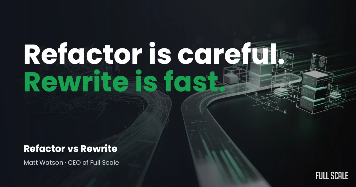 Text graphic contrasting software development approaches: “Refactor is careful. Rewrite is fast.” Includes byline “Refactor vs Rewrite, Matt Watson - CEO of Full Scale.” Background shows circuit-like paths.